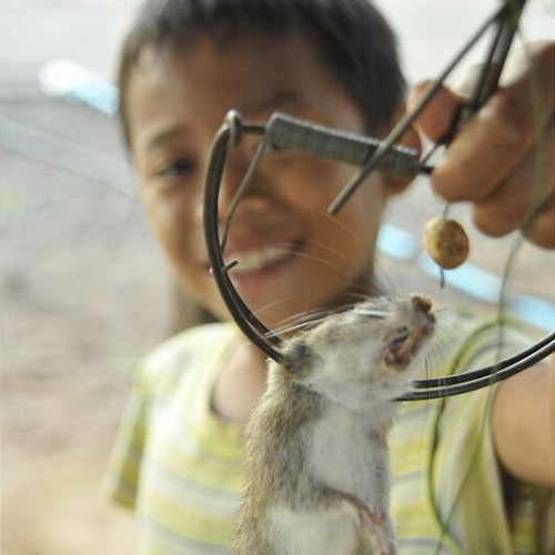 A child shows off his catch of the day and next meal